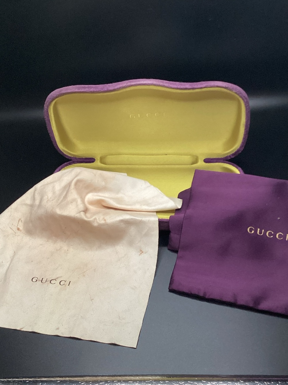 Gucci Purple Eyewear Case with Yellow Interior and Branded Dust Bags